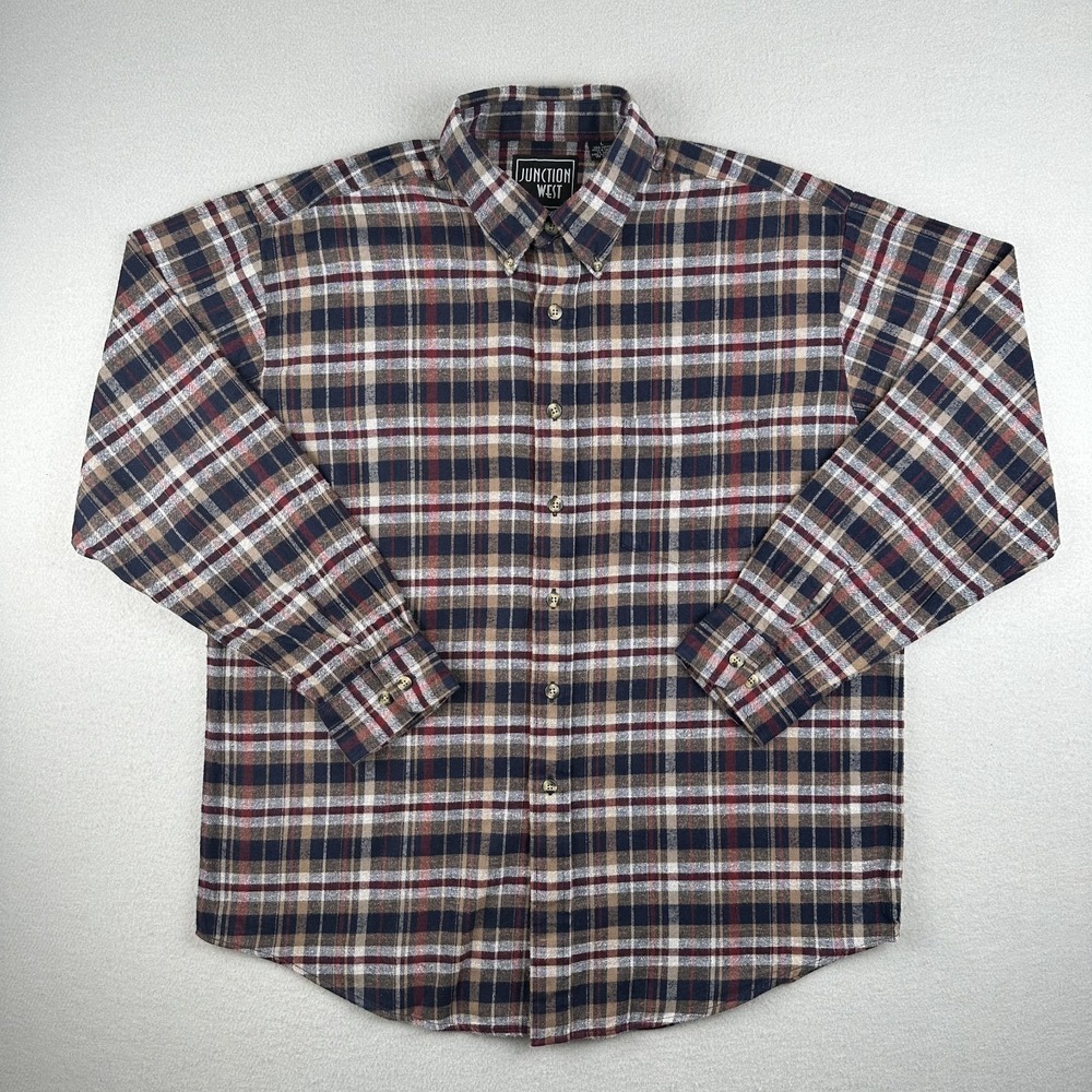Junction West Flannel Shirt Mens Large Blue Tan Burgundy Plaid Cotton Button Up